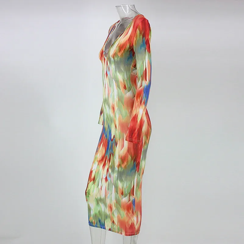 Women's Spring Deep V-Neck Midi Dress With Print