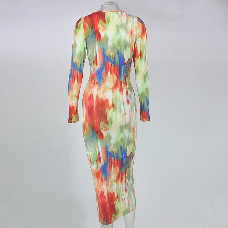 Women's Spring Deep V-Neck Midi Dress With Print