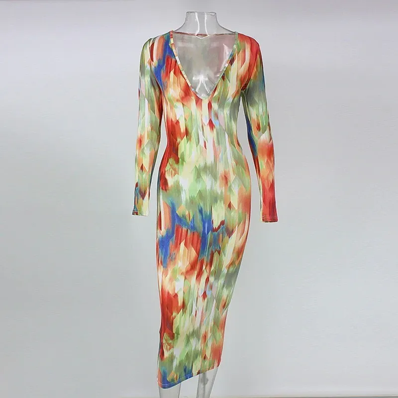 Women's Spring Deep V-Neck Midi Dress With Print