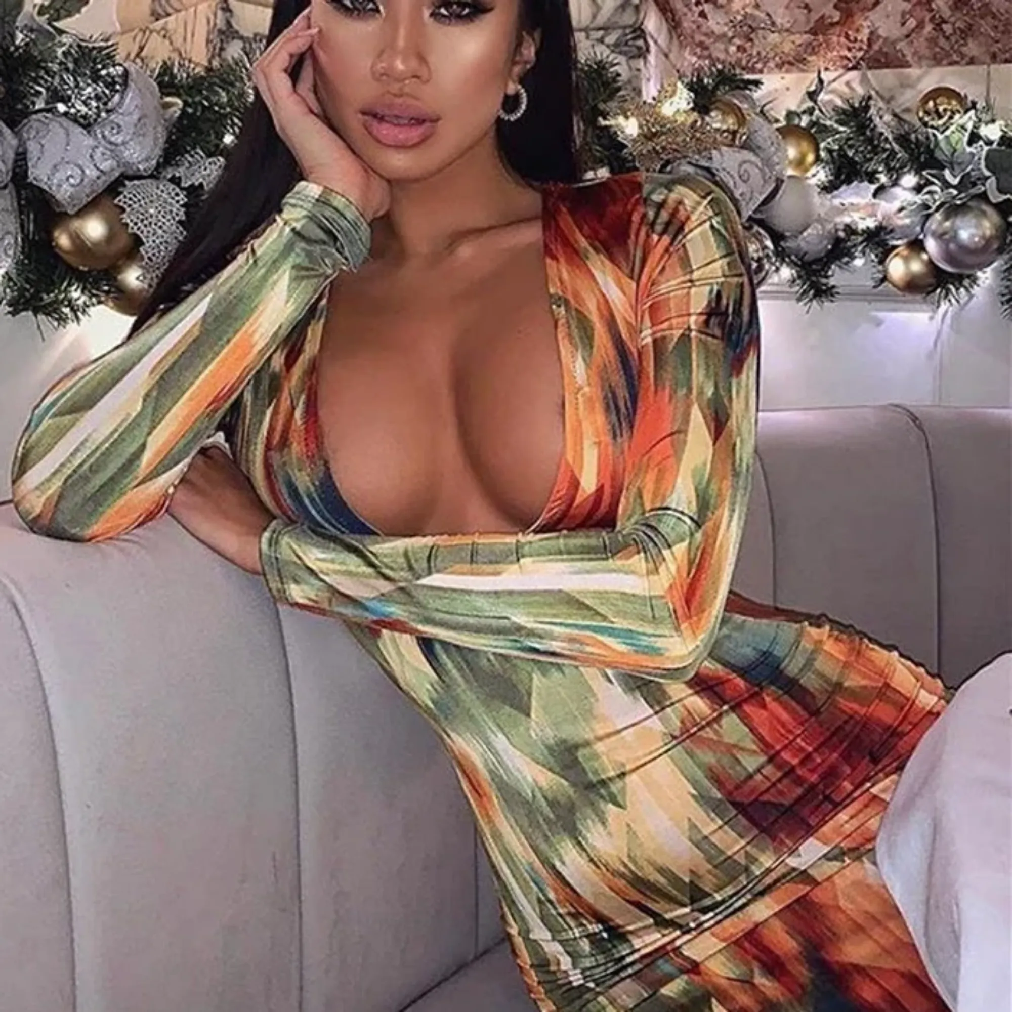Women's Spring Deep V-Neck Midi Dress With Print