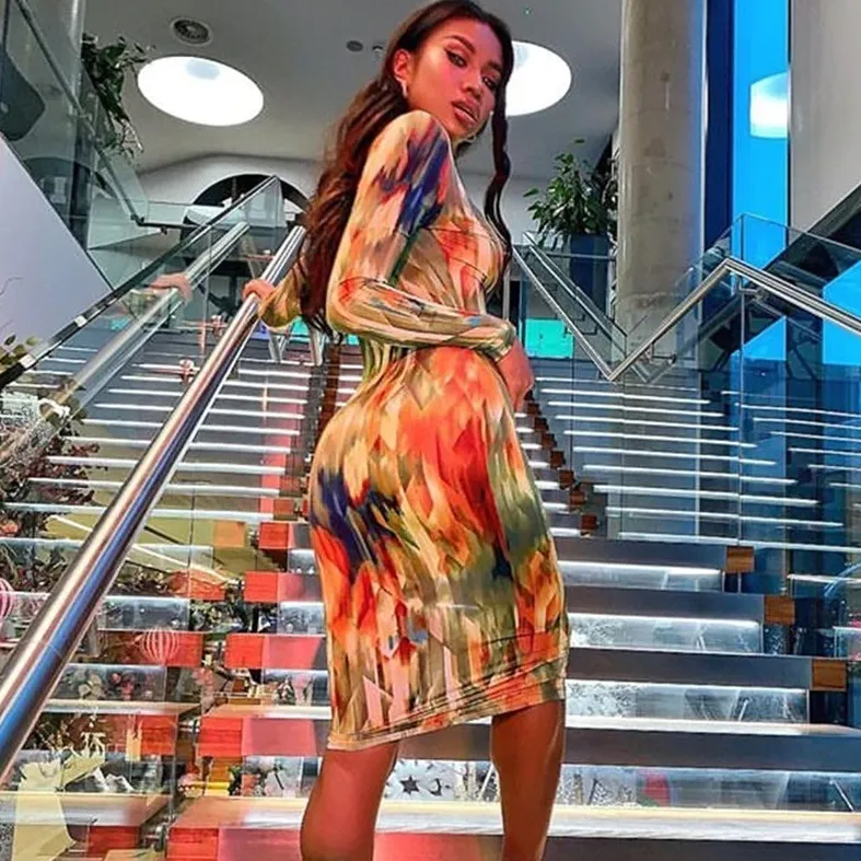 Women's Spring Deep V-Neck Midi Dress With Print