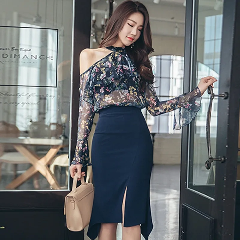 Women's Summer Polyester Off-Shoulder Sheath Two-Piece Dress