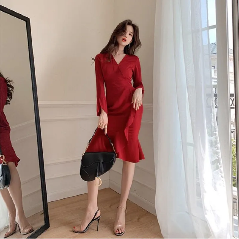 Women's Summer Ruffled Long-Sleeved Sheath V-Neck Dress