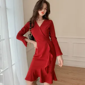 Women's Summer Ruffled Long-Sleeved Sheath V-Neck Dress