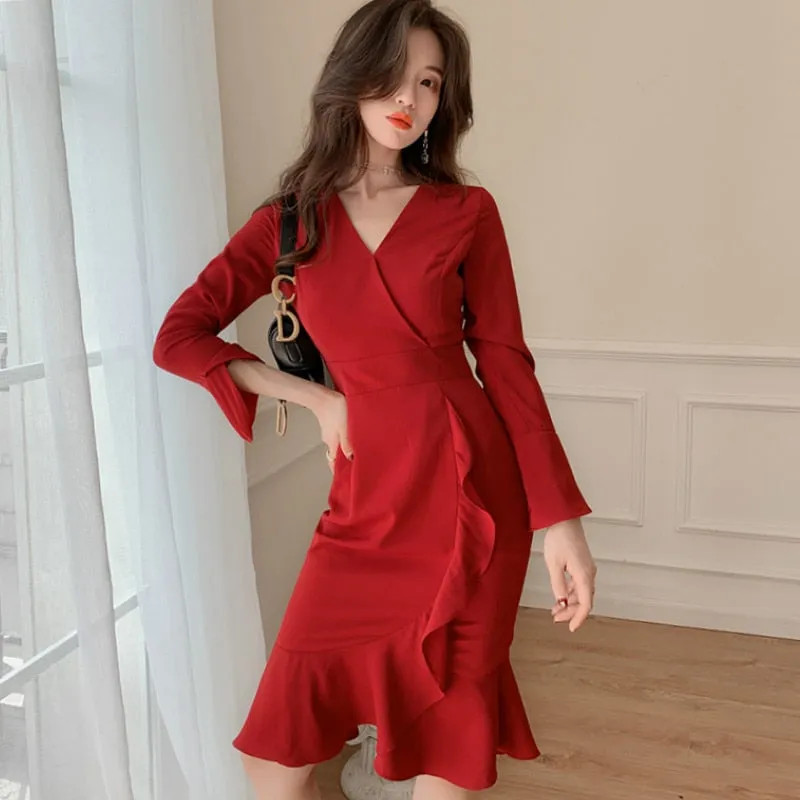 Women's Summer Ruffled Long-Sleeved Sheath V-Neck Dress
