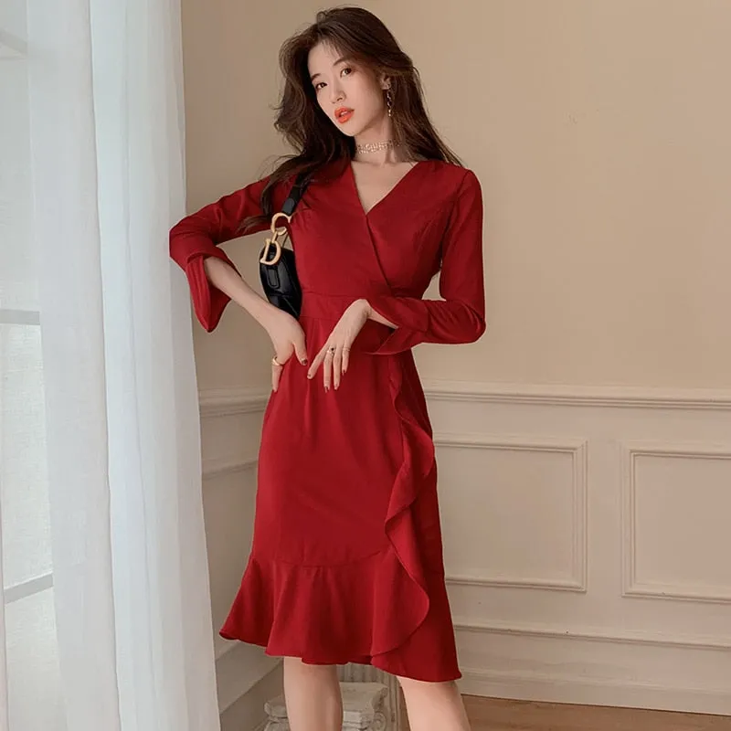Women's Summer Ruffled Long-Sleeved Sheath V-Neck Dress
